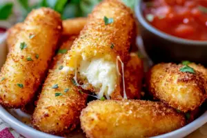 Crispy and gooey Air Fryer Mozzarella Sticks are the perfect snack! This easy recipe uses your air fryer for a healthier twist on a classic favorite. Enjoy them hot with marinara sauce for dipping. Perfect for parties or game day!