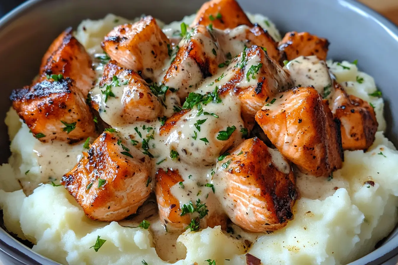 Looking for an easy and tasty dinner option? Try these Air Fryer Salmon Bites! Juicy salmon chunks cook up quickly and are perfectly paired with a rich garlic cream sauce. This dish is not only full of flavor but also healthy. Save this recipe for a weeknight meal or a special occasion, and impress your family and friends with your cooking skills!