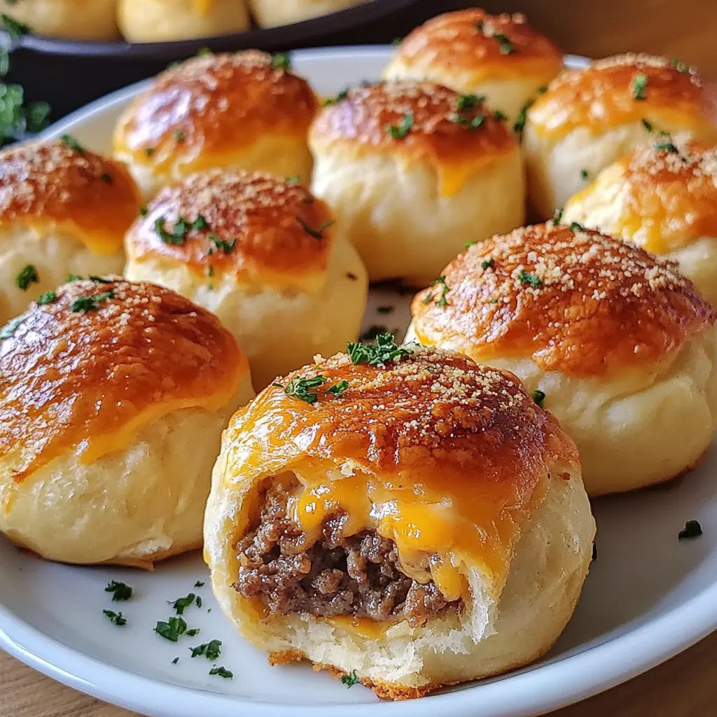 I love how these Garlic Parmesan Cheeseburger Bombs are the ultimate comfort food! Juicy cheeseburgers wrapped in delicious garlic-parmesan dough make for a perfect snack or appetizer. Save this tasty recipe for your next game night or family gathering!