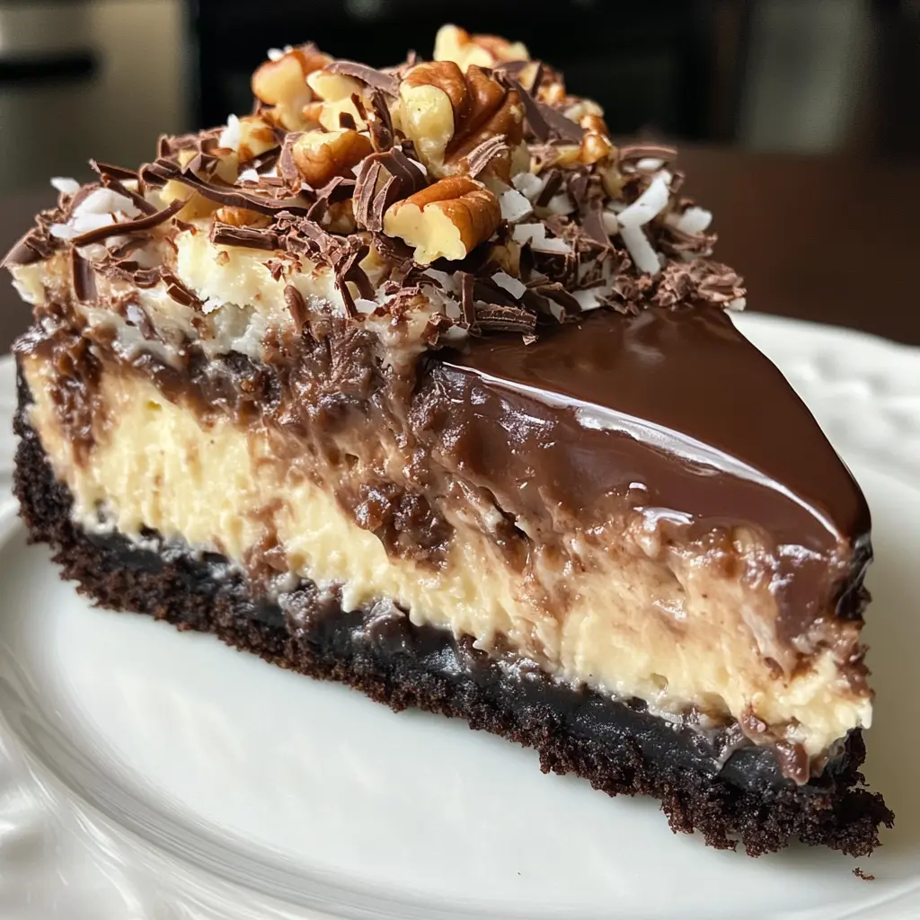 I love how this German Chocolate Cheesecake brings the perfect blend of rich chocolate and sweet coconut flavor! A delicious twist on the classic dessert, it's made with creamy cheesecake and topped with a tasty coconut-pecan frosting. Save this yummy recipe for your next special occasion!