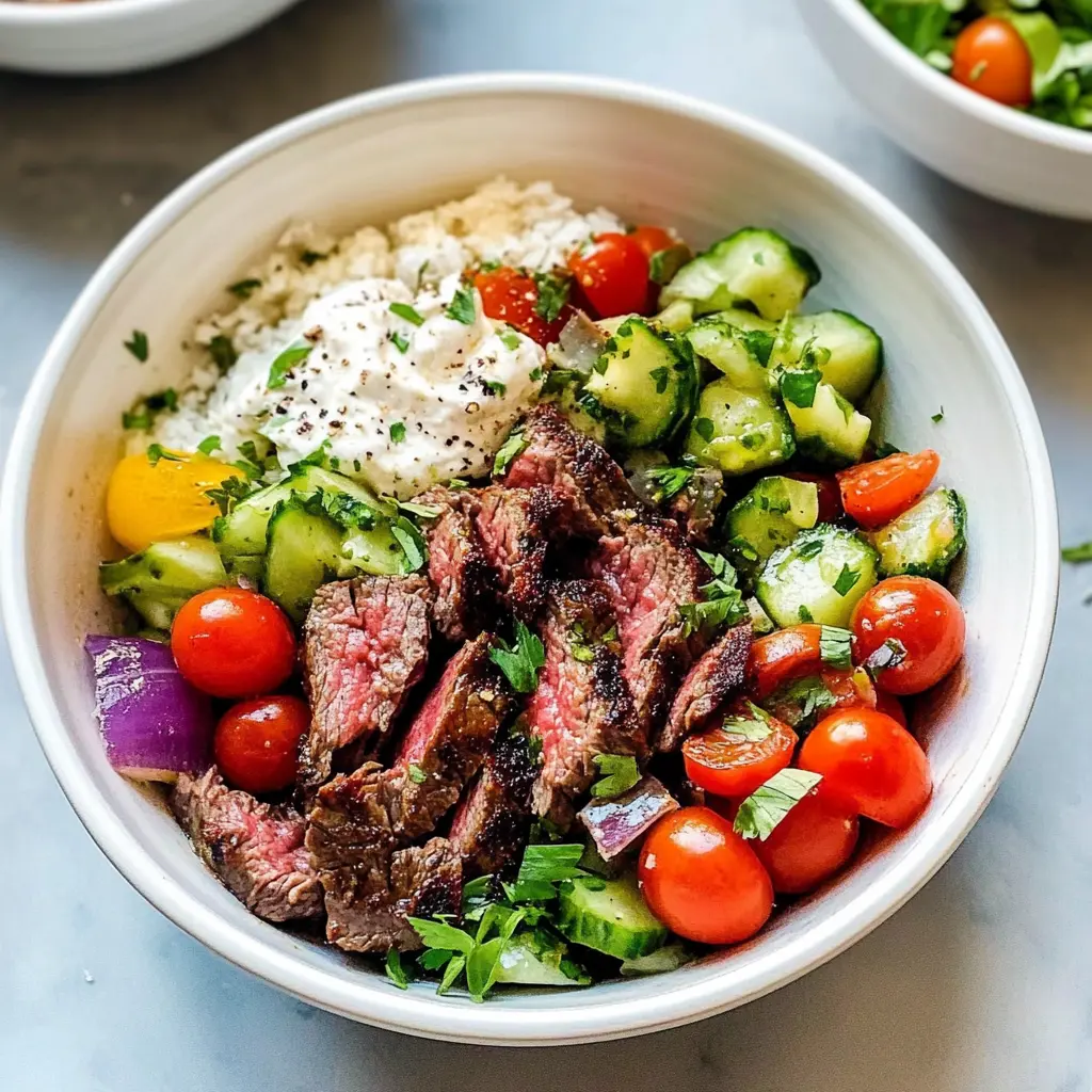 Craving a wholesome meal? These Mediterranean Steak Bowls bring together marinated tender steak, fresh veggies, and zesty dressing for a flavor-packed dish! Perfect for a quick weeknight dinner or meal prep. Save this recipe for a delicious and colorful addition to your dinner table! 🌿🥗