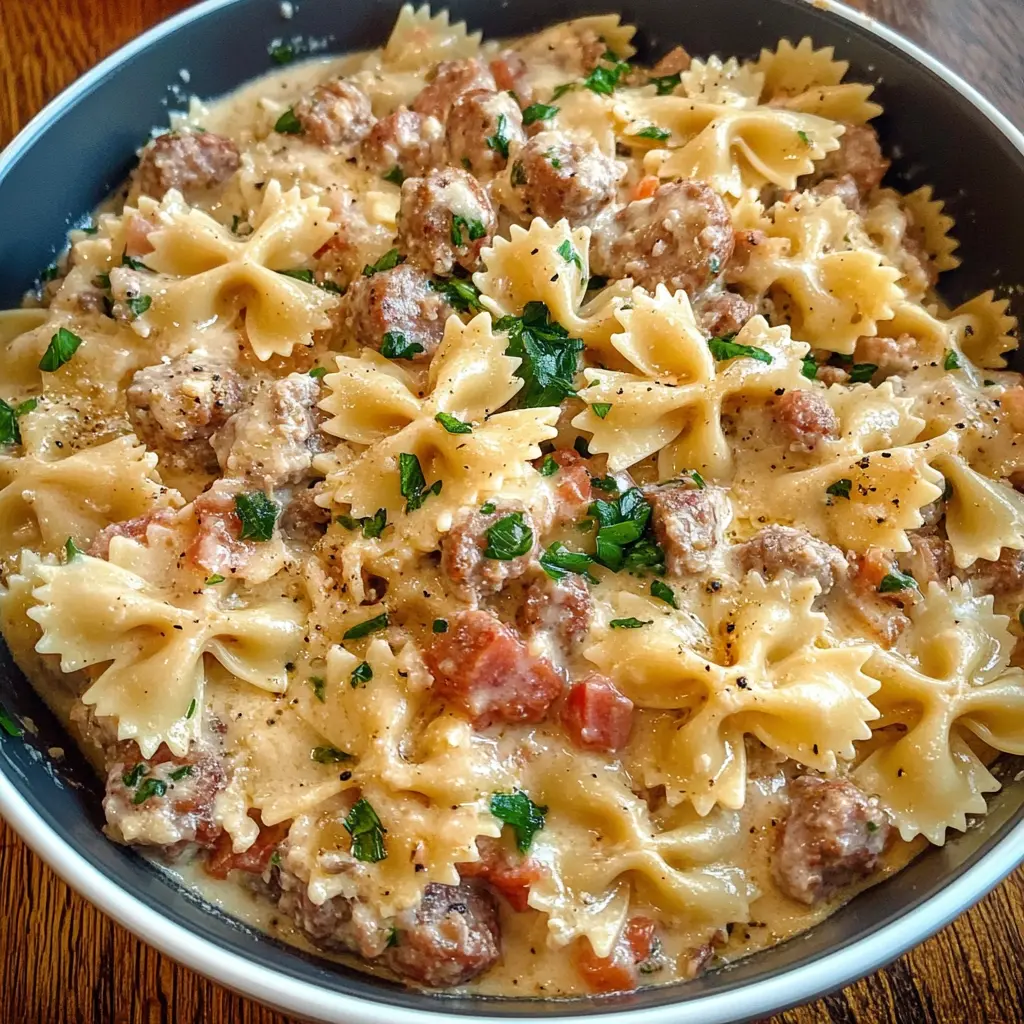 This creamy Italian sausage and bow tie pasta dish will warm your heart and satisfy your taste buds! Delicious Italian sausage combined with perfectly cooked bow tie pasta in a rich creamy sauce creates a comforting meal that's perfect for weeknights or gatherings. Save this recipe for a tasty dinner idea everyone will love!