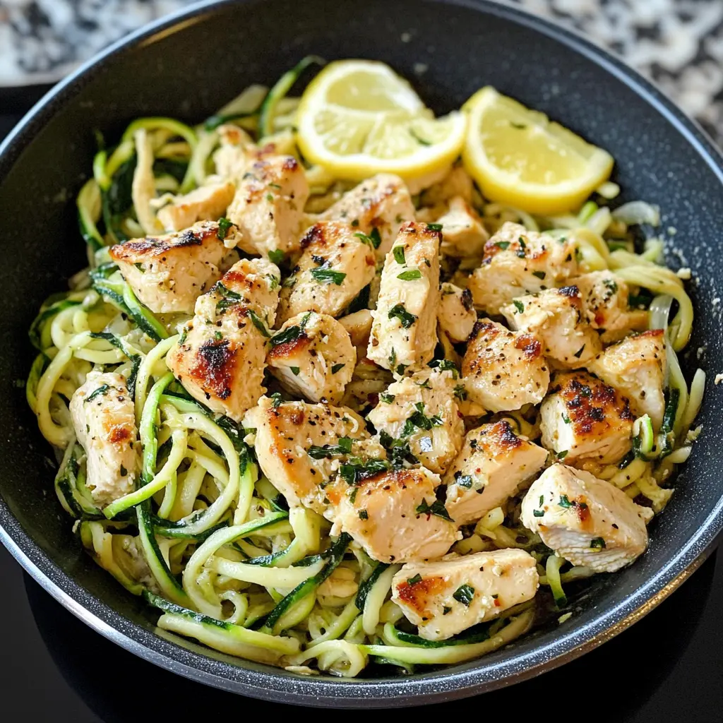 Brighten up your dinner with this Lemon Garlic Chicken Zoodles recipe! Featuring juicy chicken breast and fresh zucchini noodles, it's a light yet satisfying meal. The zesty lemon and aromatic garlic bring vibrant flavors to your plate. Perfect for a quick weeknight dinner or meal prep for the week ahead. Save this pin for a healthy and delicious option any night!